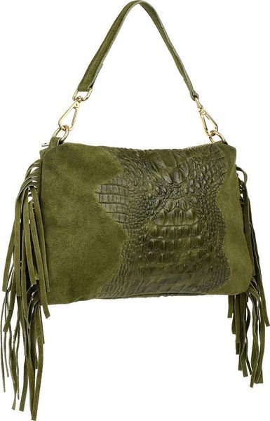 Vera Pelle Zielona damska włoska skórzana torebka frędzel pozioma Z24. Zielone torebki do ręki damskie Vera Pelle, bez wzorów, bez dodatków. Za 164.99 zł.