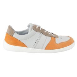 Buty barefoot skórzane Olivier 1773POL – lekkie sneakersy minimalistyczne szare z pomarańczowym. Szare półbuty damskie bez wzorów, ze skóry, eleganckie, bez obcasa, bez zapięcia. Za 438.49 zł.