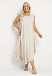 Jasnobeżowa Rozkloszowana Sukienka z Bawełną Nairilo. Brązowe sukienki damskie Born2be, na spacer, na lato, xl, bez wzorów, z bawełny, eleganckie, bez kołnierzyka, bez ramiączek, midi, rozkloszowane. Za 74.99 zł.