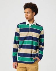 WRANGLER MĘSKA KOSZULKA LS RUGBY POLO NAVY STRIPE 112357371 W7B6014008. Niebieskie koszulki polo męskie Wrangler, m, bez wzorów, bez ramiączek. Za 89.99 zł.