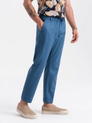 Męskie spodnie podwijane chino z dodatkiem lnu – niebieski denim V5 OM-PACP-0198 - XXL. Niebieskie spodnie materiałowe męskie Ombre Clothing, l, bez wzorów, z bawełny, casualowe. Za 209.99 zł.
