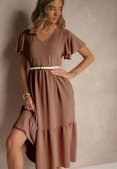 Brązowa Rozkloszowana Sukienka z Wiskozą w Casualowym Stylu Filarenna. Brązowe sukienki damskie Renee, na co dzień, l, bez wzorów, z wiskozy, eleganckie, bez kołnierzyka, bez ramiączek, midi, rozkloszowane. Za 54.99 zł.