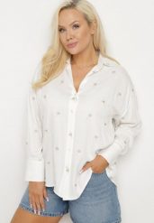 Biała Koszula z Wiskozą w Drobne Hafty Navellea. Białe bluzki damskie Born2be, plus size, bez wzorów, z jeansu, eleganckie, bez kołnierzyka, plus size, bez ramiączek. Za 84.99 zł.
