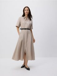 Sukienka midi z lnem - beżowy. Brązowe sukienki damskie Reserved, l, bez wzorów, z tkaniny, bez kołnierzyka, bez ramiączek, midi, rozkloszowane. Za 199.99 zł.