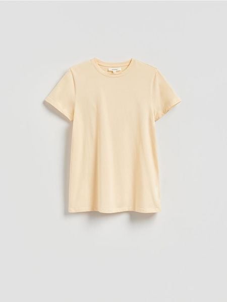 Bawełniany t-shirt - jasnożółty. Żółte t-shirty damskie Reserved, l, bez wzorów, z bawełny, bez kołnierzyka. W wyprzedaży za 55.99 zł.