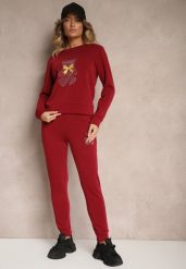 Bordowy Ocieplany Komplet Dresowy z Bawełny Zdobiony Cyrkoniami Bluza i Spodnie z Gumką Nelionis. Czerwone bluzy damskie Renee, m, z aplikacjami, z bawełny, bez kaptura. Za 84.99 zł.