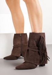 Brązowe Botki Boho z Cholewką Imitującą Nogawkę i Frędzlami Zaslie. Brązowe botki damskie Renee, z jeansu, boho, bez obcasa, na obcasie, bez zapięcia. Za 159.99 zł.