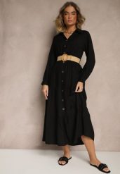 Czarna Wiskozowa Sukienka o Koszulowym Kroju z Paskiem z Klamrą Feluriela. Czarne sukienki damskie Renee, na co dzień, l, bez wzorów, z wiskozy, eleganckie, bez kołnierzyka, bez ramiączek, maxi, kopertowe. Za 79.99 zł.