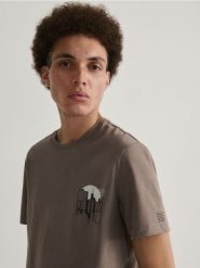 T-shirt regular fit z nadrukiem - brązowy. Brązowe t-shirty męskie Reserved, l, bez wzorów, z bawełny, bez kołnierzyka. W wyprzedaży za 45.99 zł.