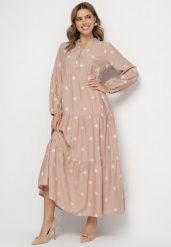 Beżowa Sukienka z Wiskozy o Rozkloszowanym Kroju z Ozdobnym Haftem Nalariel. Brązowe sukienki damskie Born2be, l, z aplikacjami, z jeansu, eleganckie, bez kołnierzyka, bez ramiączek, maxi, rozkloszowane. Za 129.99 zł.