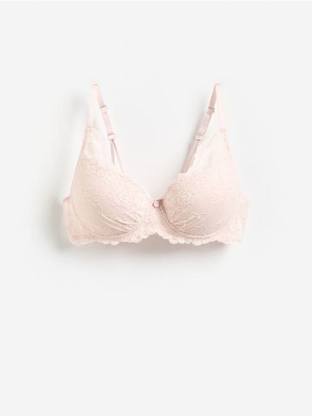 Biustonosz push up z koronką - pastelowy róż. Czerwone biustonosze Reserved, bez wzorów, z koronki. W wyprzedaży za 49.99 zł.