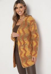 Brązowy Luźny Kardigan w Geometryczny Wzór Goitom. Brązowe kardigany damskie Born2be, bez wzorów, bez kołnierzyka, bez ramiączek, bez kaptura. Za 129.99 zł.