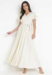 Jasnobeżowa Elegancka Sukienka Maxi w Plisy z Kopertowym Dekoltem i Wiązaniem Thessi. Brązowe sukienki damskie Born2be, na lato, m, bez wzorów, eleganckie, bez kołnierzyka, bez ramiączek, maxi, kopertowe. Za 69.99 zł.
