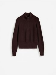 Sweter z zapięciem na zamek - brązowy. Brązowe swetry damskie Reserved, l, bez wzorów, z dzianiny, bez kołnierzyka, bez ramiączek, bez kaptura. Za 129.99 zł.