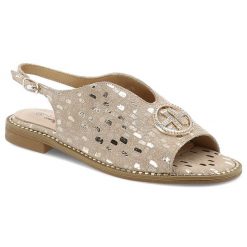 Sandały damskie S. Barski, eleganckie we wzorki skórzane na płaskim obcasie, złote, KV51-094. Żółte sandały damskie S.BARSKI, z aplikacjami, bez obcasa, na płaskiej podeszwie, bez zapięcia. Za 149.00 zł.