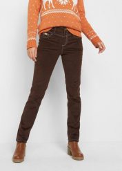 Spodnie sztruksowe ze stretchem o kroju slim fit. Brązowe spodnie materiałowe damskie bonprix, bez wzorów, ze sztruksu. Za 99.99 zł.