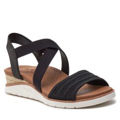 Sandały Skechers. Czarne klapki damskie Skechers, bez wzorów, bez obcasa, na płaskiej podeszwie, bez zapięcia. Za 199.99 zł.