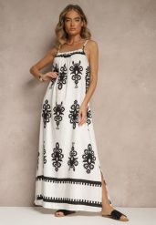 Biała Rozkloszowana Sukienka na Ramiączkach w Ornamentalny Print Reveleine. Białe sukienki damskie Renee, na co dzień, l, z aplikacjami, bez kołnierzyka, bez ramiączek, maxi, dopasowane. Za 69.99 zł.