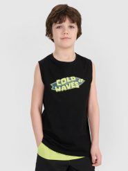4F Tank top regular z nadrukiem chłopięcy - czarny 128 (7-8 lat). Czarne t-shirty dla chłopców 4f, bez wzorów, z bawełny, bez ramiączek. W wyprzedaży za 19.99 zł.