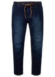 Joggery jeansowe regular fit z elastyczną gumką w talii i zwężanymi nogawkami. Niebieskie jeansy męskie bonprix, vintage. Za 149.99 zł.