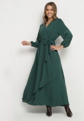 Zielona Kopertowa Asymetryczna Sukienka Koktajlowa z Wiskozą Ozdobiona Paskiem Lanoresa. Zielone sukienki damskie Born2be, na imprezę, xl, bez wzorów, z wiskozy, eleganckie, z asymetrycznym kołnierzem, bez ramiączek, maxi, asymetryczne. Za 99.99 zł.