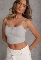 Szary Prążkowany Top na Ramiączkach z Bawełny z Guzikami Bernesa. Szare bluzki damskie Renee, m, bez wzorów, z bawełny, bez kołnierzyka, bez ramiączek. Za 29.99 zł.