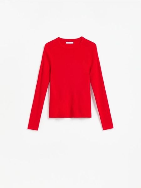 Gładki sweter - czerwony. Czerwone swetry damskie Reserved, l, bez wzorów, z dzianiny, bez kołnierzyka, bez ramiączek, bez kaptura. Za 89.99 zł.
