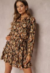 Beżowo-Brązowa Sukienka Pudełkowa z Wiązanym Paskiem Isovae. Brązowe sukienki damskie Renee, xl, z aplikacjami, bez kołnierzyka, bez ramiączek, mini, rozkloszowane. Za 79.99 zł.