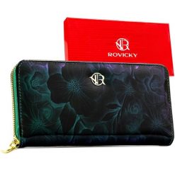 Portfel-piórnik damski wykonany ze skóry ekologicznej w zielonym kolorze, pokryty kwiatowym wzorem - Rovicky. Zielone portfele damskie ROVICKY, bez wzorów, ze skóry ekologicznej. Za 43.99 zł.