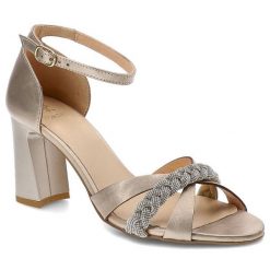Złote Sandały Kordel Eleganckie Buty Na Obcasie. Żółte klapki damskie Kordel, bez wzorów, ze skóry, bez obcasa, na obcasie, bez zapięcia. Za 309.00 zł.