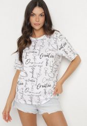 Biały T-shirt Oversize z Bawełny Zdobiony Nadrukiem Sinelra. Białe bluzki damskie Born2be, m, z aplikacjami, z bawełny, eleganckie, bez kołnierzyka. Za 39.99 zł.