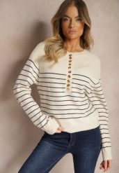 Beżowo-Niebieski Sweter z Wiskozą w Poziome Paski z Guzikami przy Dekolcie Irivoni. Brązowe swetry damskie Renee, l, bez wzorów, z jeansu, casualowe, bez kołnierzyka, bez ramiączek, długie, bez kaptura. Za 84.99 zł.