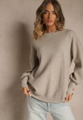 Beżowy Sweter z Wiskozą i Metalicznymi Guzikami Sidvire. Brązowe swetry damskie Renee, bez wzorów, z jeansu, casualowe, bez kołnierzyka, bez ramiączek, bez kaptura. Za 109.99 zł.