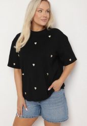Czarny Bawełniany T-shirt Zdobiony Haftem w Kształcie Serc Naloree. Czarne bluzki damskie Born2be, l, z aplikacjami, z bawełny, eleganckie, bez kołnierzyka. Za 69.99 zł.