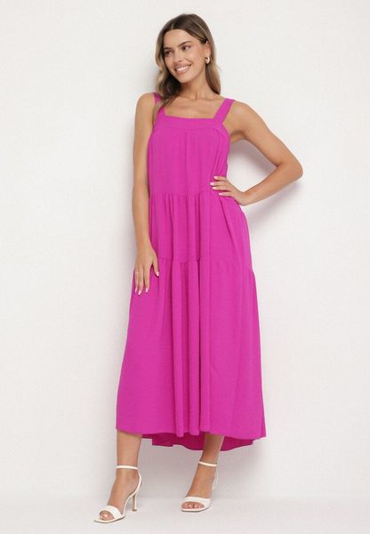 Fioletowa Sukienka o Rozkloszowanym Kroju z Wiązaniem z Tyłu Savinelle. Fioletowe sukienki damskie Born2be, na co dzień, na lato, bez wzorów, eleganckie, bez kołnierzyka, bez ramiączek, rozkloszowane. Za 79.99 zł.