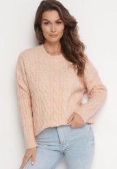 Jasnopomarańczowy Sweter Ozdobiony Klasycznym Splotem Lacemisa. Brązowe swetry damskie Born2be, bez wzorów, z dzianiny, klasyczne, bez kołnierzyka, bez ramiączek, bez kaptura. Za 84.99 zł.