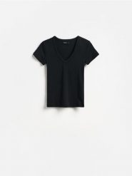 T-shirt z bawełną - czarny. Czarne t-shirty damskie Reserved, l, bez wzorów, z bawełny, bez kołnierzyka. Za 49.99 zł.