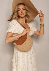 Ciemnobeżowa Mała Torebka Boho na Ramię z Połączenia Plecionki i Ekoskóry Virtha. Brązowe torby na ramię damskie Renee, bez wzorów, boho, małe, bez dodatków. Za 74.99 zł.