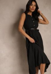 Czarna Plisowana Sukienka o Rozkloszowanym Kroju Bez Rękawów z Paskiem z Klamrą Iffule. Czarne sukienki damskie Renee, na spotkanie biznesowe, m, bez wzorów, eleganckie, bez kołnierzyka, bez ramiączek, maxi, rozkloszowane. Za 99.99 zł.