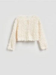 Marynarka z kwiatowym motywem - biały. Białe żakiety damskie Reserved, l, bez wzorów, z dzianiny. Za 139.99 zł.