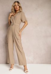 Beżowy Długi Kombinezon w Stylu Utility z Kieszeniami Cargo Paskiem i Kołnierzykiem Qillilena. Brązowe sukienki damskie Renee, na co dzień, l, bez wzorów, eleganckie, bez kołnierzyka, bez ramiączek, maxi. Za 149.99 zł.