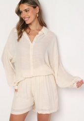 Beżowy Komplet Koszula z Długim Rękawem Szorty Tordia. Brązowe koszule damskie Born2be, uniwersalny, bez wzorów, z bawełny, eleganckie. Za 129.99 zł.