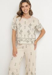 Beżowy Komplet z Wiskozy Zdobiony Haftem T-shirt i Szerokie Spodnie Tezonea. Brązowe spodnie materiałowe damskie Born2be, m, z aplikacjami, z materiału. Za 129.99 zł.