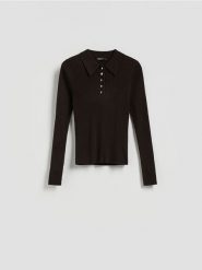 Sweter polo z wełną - brązowy. Brązowe swetry damskie Reserved, l, bez wzorów, z dzianiny, bez kołnierzyka, bez ramiączek, bez kaptura. Za 129.99 zł.