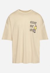 Jasnobeżowa Bawełniana Koszulka T-shirt z Krótkim Rękawem z Nadrukiem na Plecach i Przodzie Civia. Brązowe t-shirty męskie Born2be, m, bez wzorów, z bawełny, biznesowe, bez kołnierzyka. Za 54.99 zł.