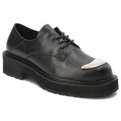 Czarne Półbuty Donna Fabiani Skórzane Obuwie Damskie Premium. Czarne półbuty damskie Donna Fabiani, z aplikacjami, ze skóry, eleganckie, bez obcasa, bez zapięcia. Za 829.00 zł.
