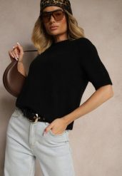 Czarny Sweter o Fasonie T-shirtu z Wełną Dannirae. Czarne swetry damskie Renee, bez wzorów, z jeansu, casualowe, bez kołnierzyka, bez ramiączek, krótkie, bez kaptura. Za 129.99 zł.