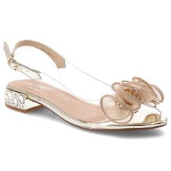 Sandały damskie S.Barski, z transparentnym paskiem ozdobna aplikacja pasek z regulacją niski obcas elegancki model, złote, MR61-9002. Żółte klapki damskie S.BARSKI, z aplikacjami, bez obcasa, na obcasie, bez zapięcia. Za 199.00 zł.