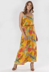 Żółta Sukienka Morgarenna. Żółte sukienki damskie Born2be, l, bez wzorów, bez kołnierzyka, bez ramiączek, midi. Za 44.99 zł.