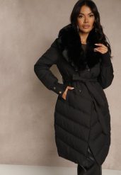 Czarna Pikowana Kurtka o Eleganckim Kroju z Futerkiem i Wiązanym Paskiem Galinessa. Czarne kurtki damskie Renee, na zimę, l, bez wzorów, z dzianiny, bez kaptura. Za 249.99 zł.